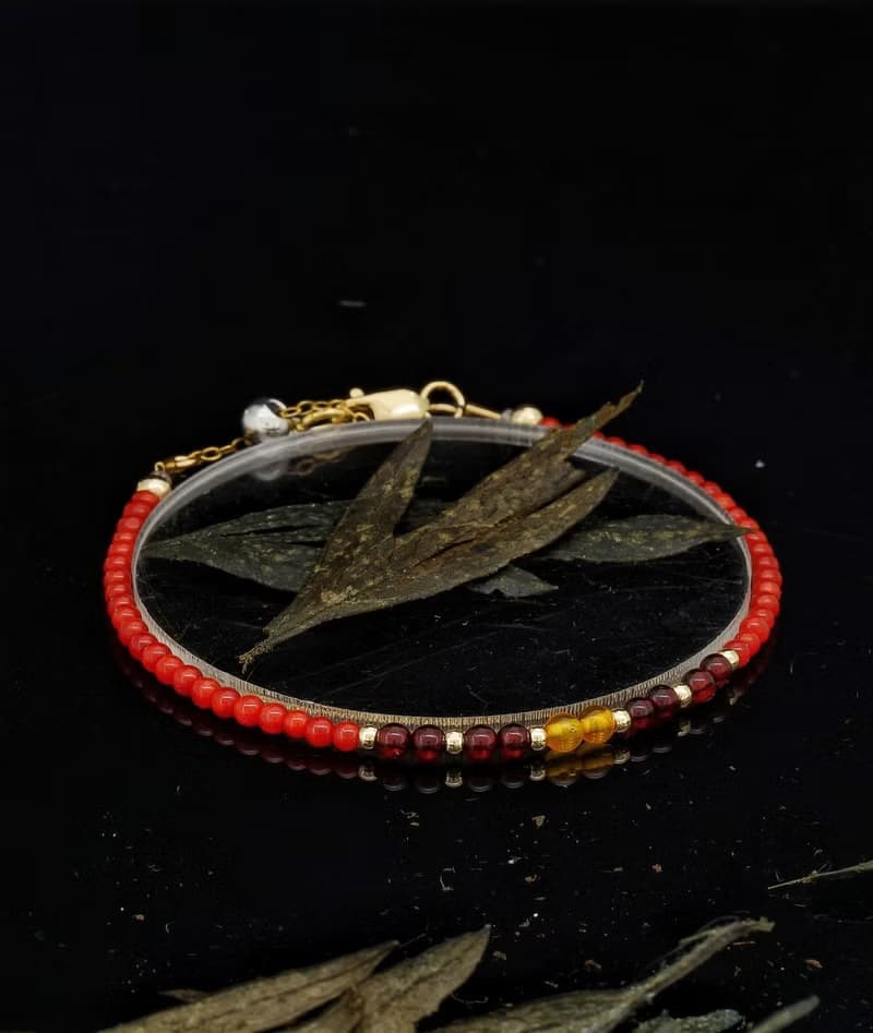 曰本 Cenfill 鋼絲 意大利紅珊瑚 + Amber 14K包金 水晶手鍊