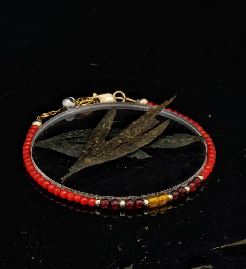 曰本 Cenfill 鋼絲 意大利紅珊瑚 + Amber 14K包金 水晶手鍊