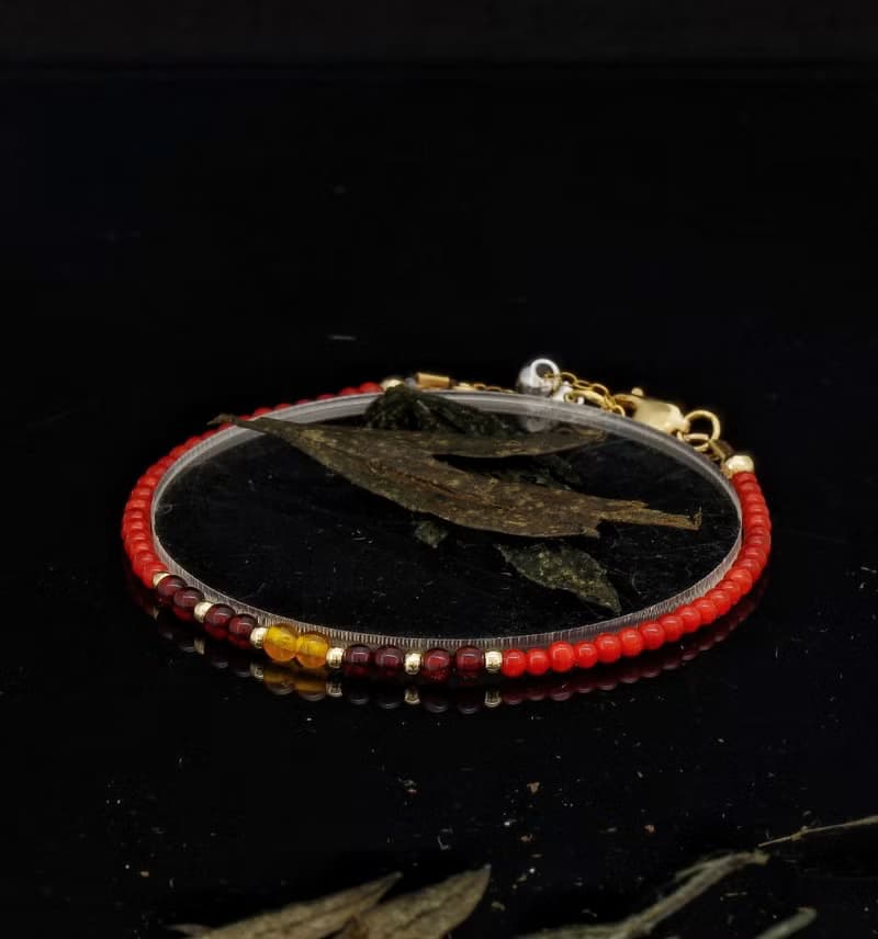 曰本 Cenfill 鋼絲 意大利紅珊瑚 + Amber 14K包金 水晶手鍊