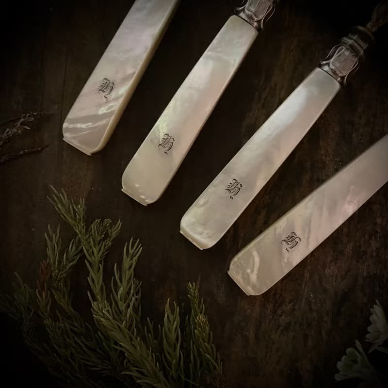 罕見法國訂製款珍珠母貝柄 銅鍍金鍍銀使用面 雙色變型餐4件組