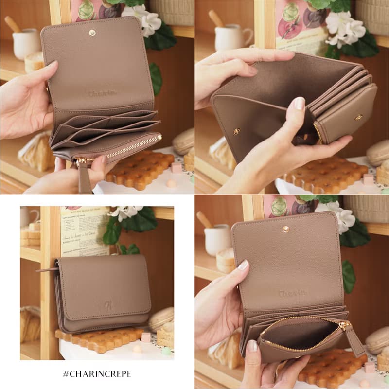 Crepe 真牛皮摺疊錢包/短夾 : 玫瑰棕色