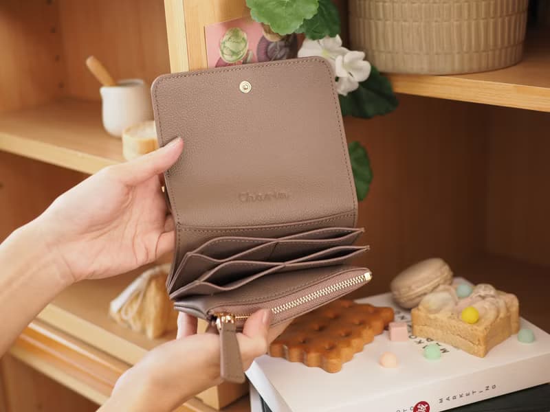 Crepe 真牛皮摺疊錢包/短夾 : 玫瑰棕色