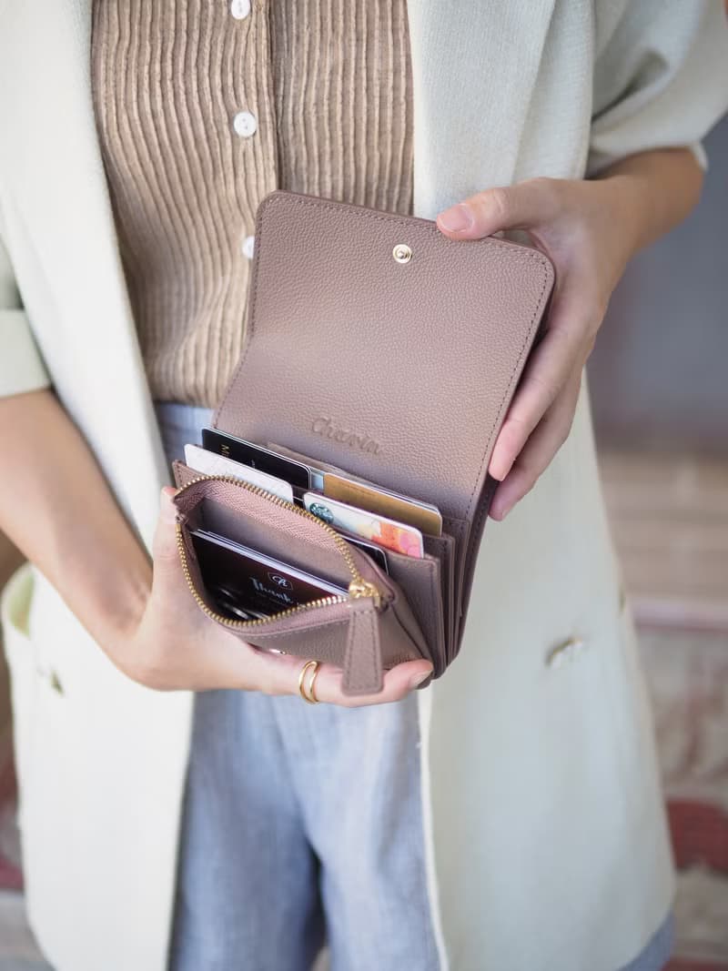 Crepe 真牛皮摺疊錢包/短夾 : 玫瑰棕色