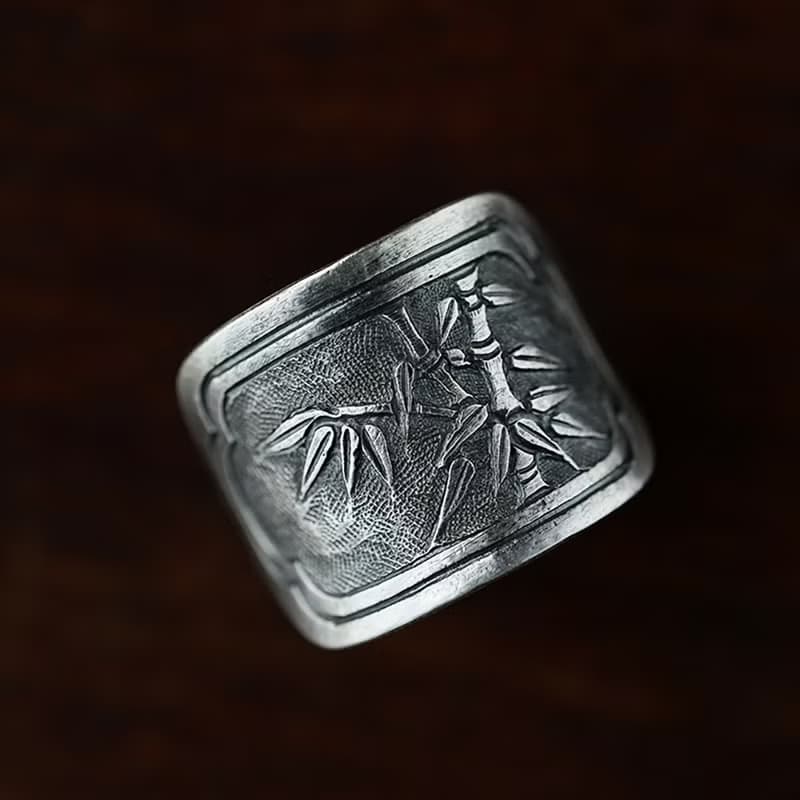 竹報平安足銀錾刻開口戒指 未時複古董手工制999純銀男女個性指環