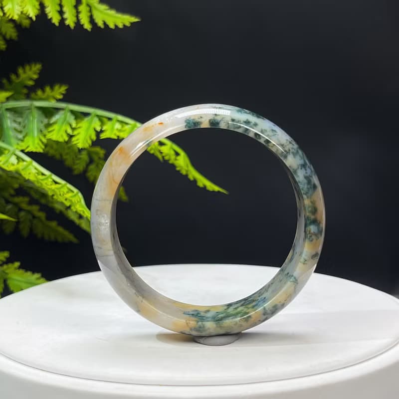 爆晶水草瑪瑙手鐲 54MM 綠色飄花苔蘚玉髓手環 紋理多變 充滿靈氣