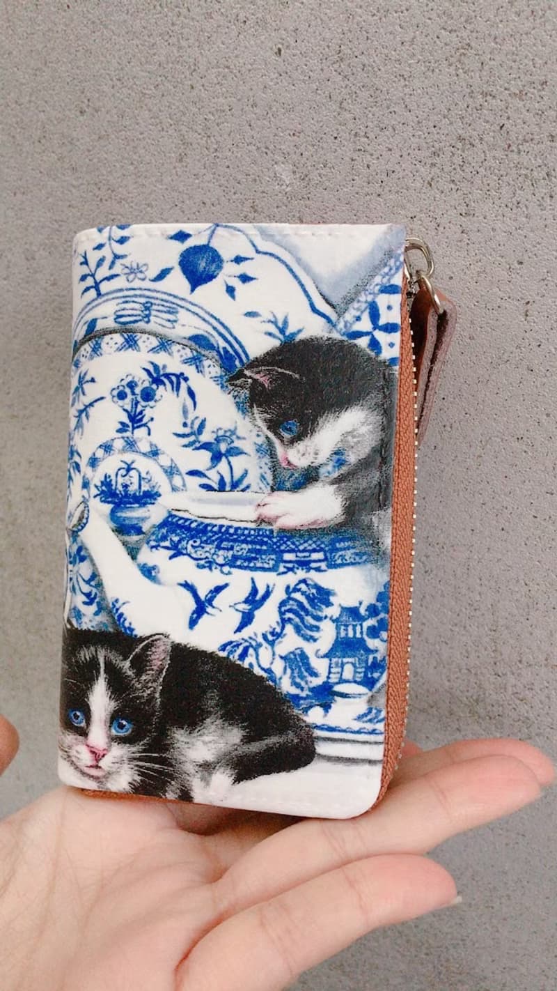 手作好禮 青花瓷貓咪 牛皮多功能鑰匙包