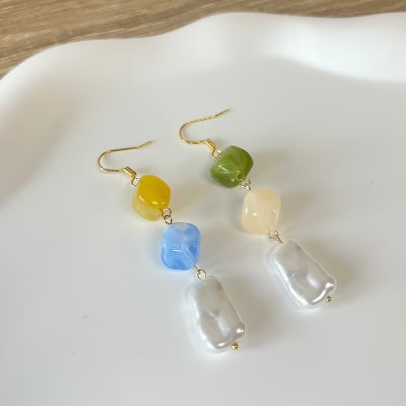 撞色暈染寶石巴洛克珍珠耳環