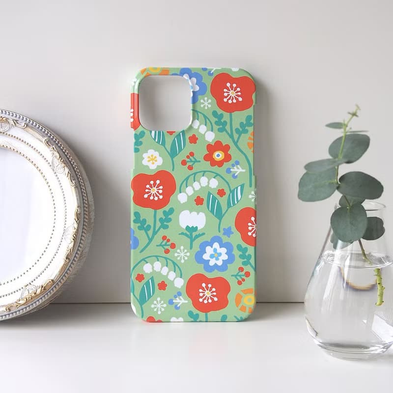 【iPhoneプラケース】春待ちパステルフラワー・グリーン