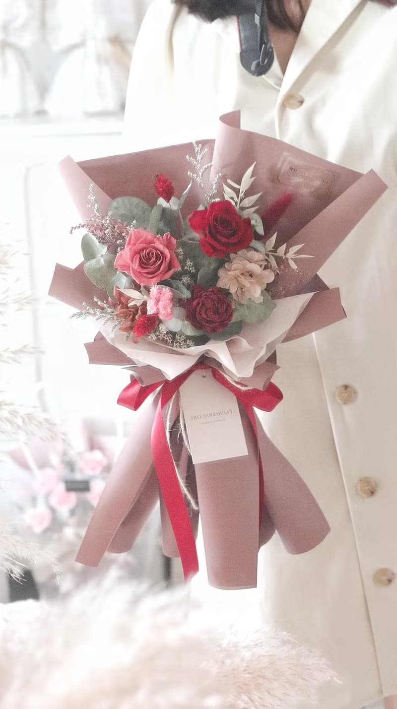小型永生玫瑰擴香花束 -豆沙粉