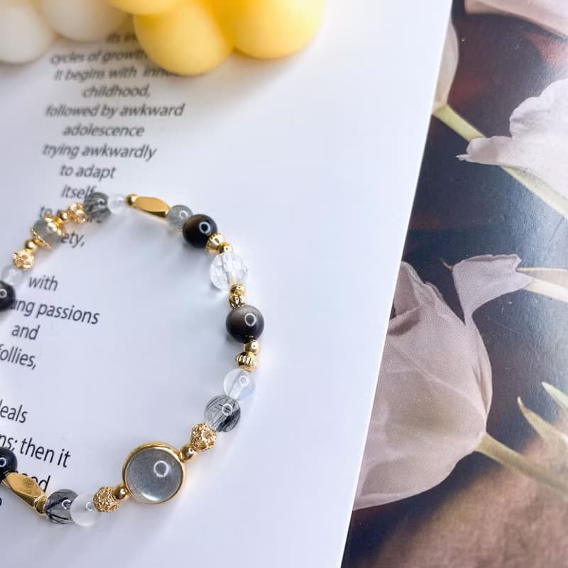 雲隙之光 黑髮晶 灰月光 銀曜石 水晶天然石彈性手鍊手環