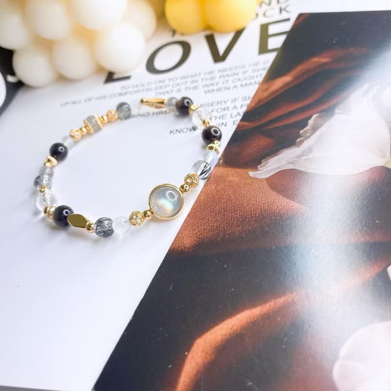 雲隙之光 黑髮晶 灰月光 銀曜石 水晶天然石彈性手鍊手環