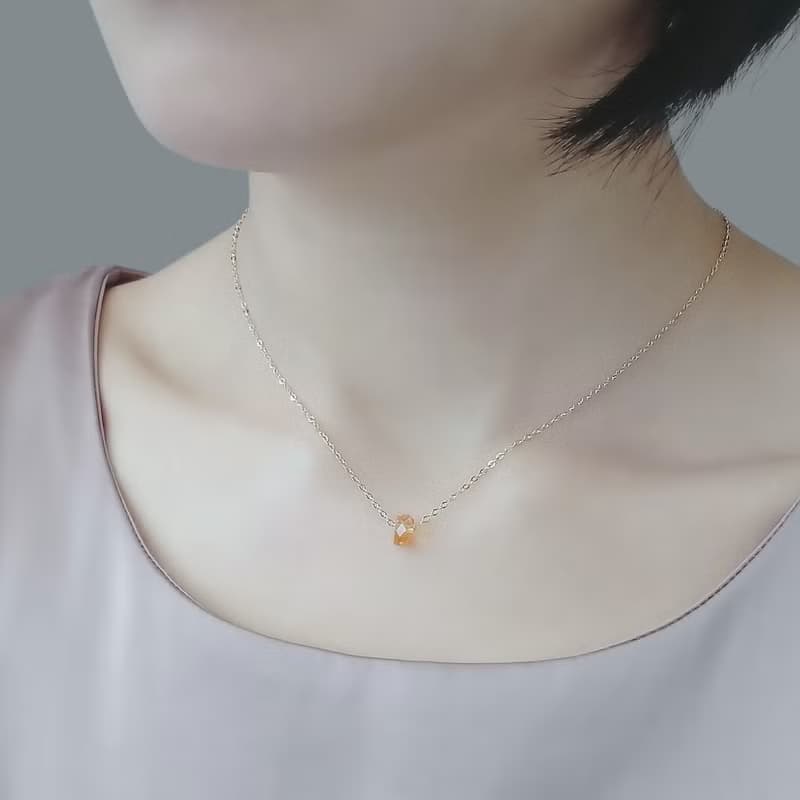 天然黃水晶 小巧單顆切角車輪珠 14K GF 包金 / 純銀 裸感項鍊