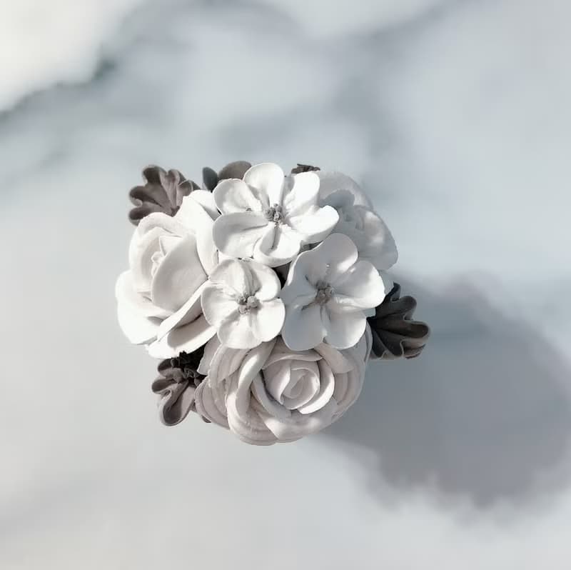 韓國奶油土擠花擴香石/擴香花/大理石紋石膏盆栽/灰白色系玫瑰