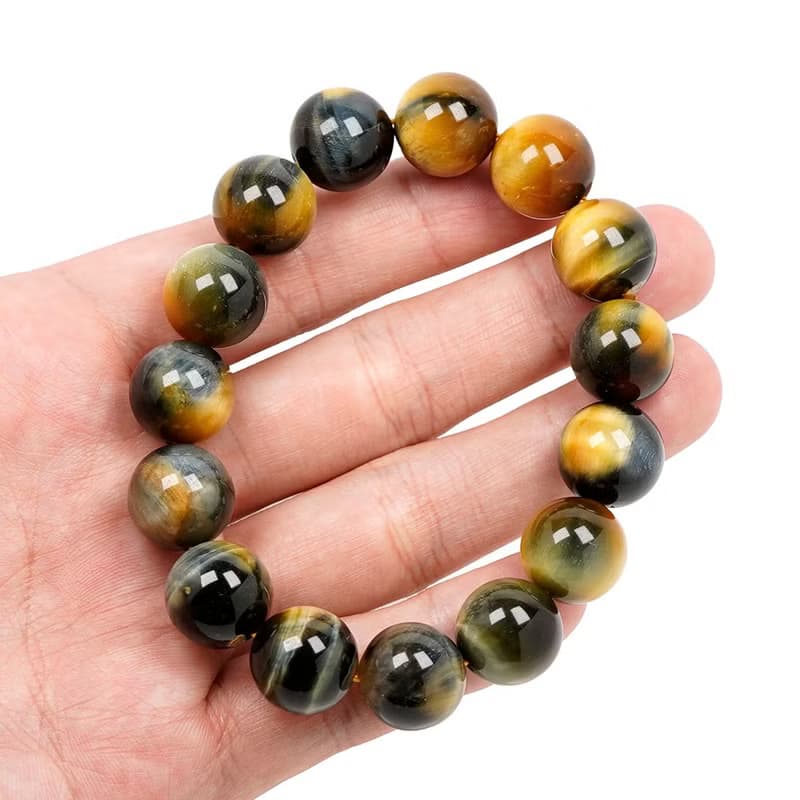【正佳珠寶】金藍虎眼石 雙色閃電 14-14.5mm 金藍虎眼手珠