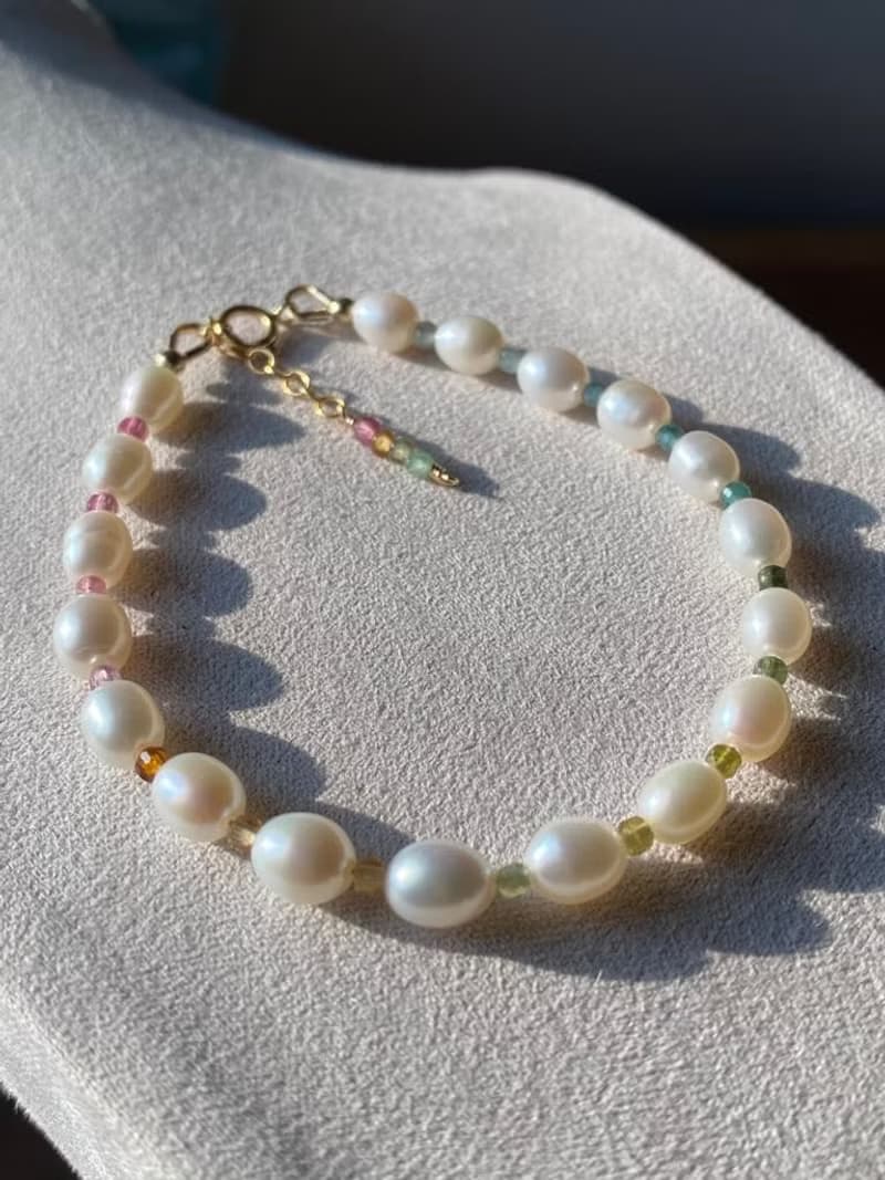 天然珍珠 彩虹碧璽 || 小方塊 美國 14KGF手鍊 手鏈 可改頸鏈