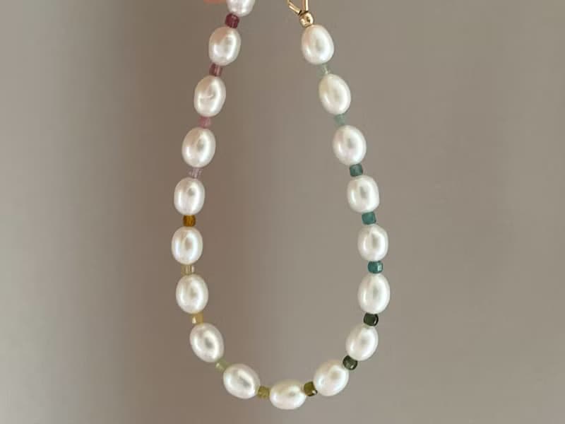 天然珍珠 彩虹碧璽 || 小方塊 美國 14KGF手鍊 手鏈 可改頸鏈