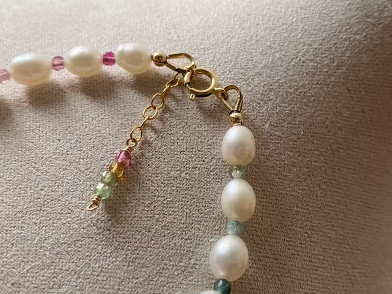 天然珍珠 彩虹碧璽 || 小方塊 美國 14KGF手鍊 手鏈 可改頸鏈