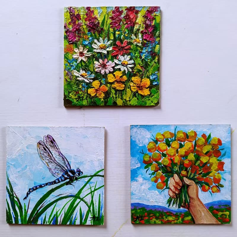 Flowers Painting Bouquet Daisy Dragonfly Oil 10 by 10 Set of 3 Small Art