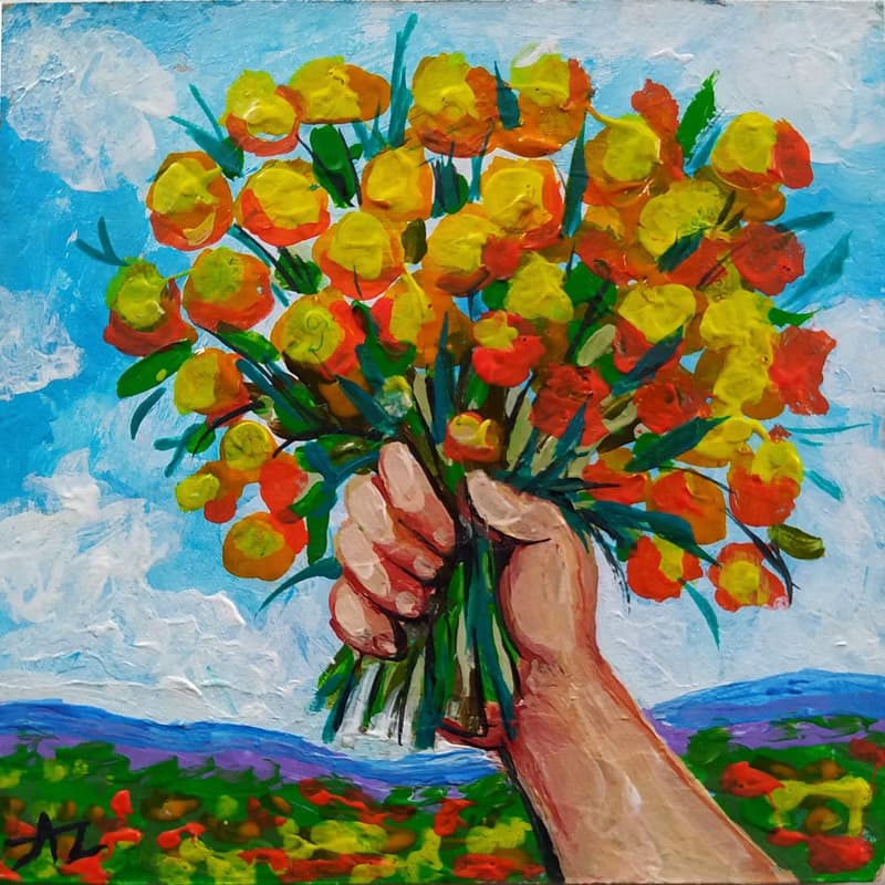 Flowers Painting Bouquet Daisy Dragonfly Oil 10 by 10 Set of 3 Small Art