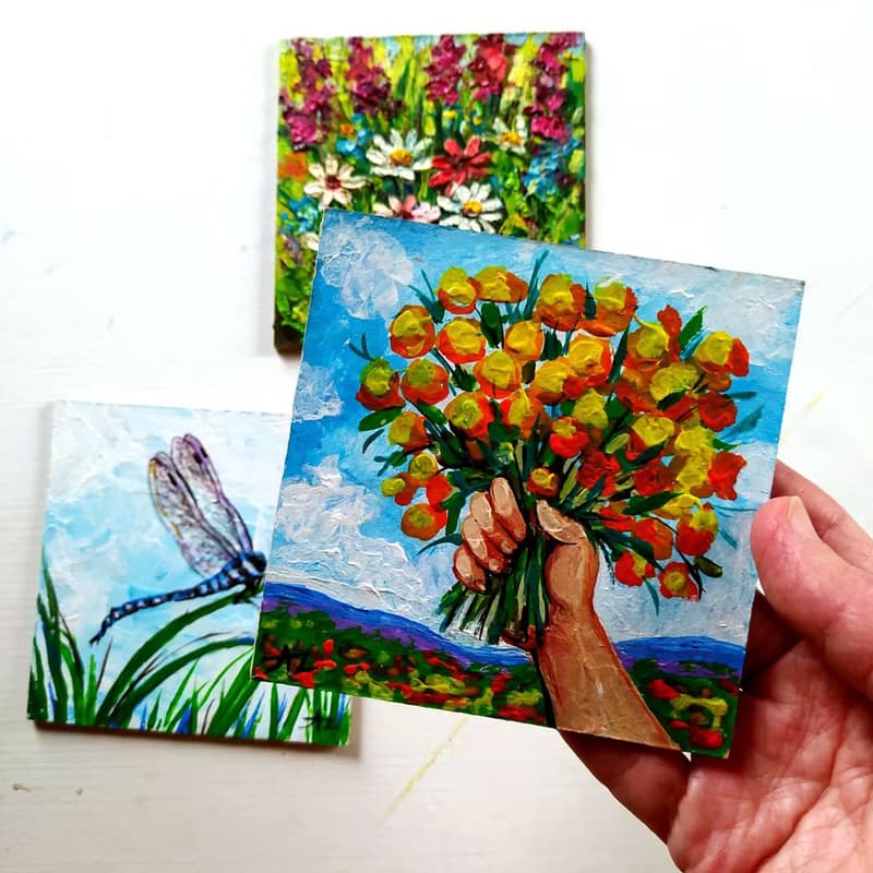 Flowers Painting Bouquet Daisy Dragonfly Oil 10 by 10 Set of 3 Small Art