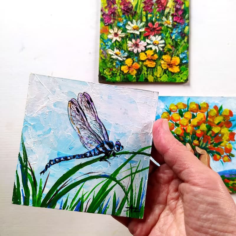 Flowers Painting Bouquet Daisy Dragonfly Oil 10 by 10 Set of 3 Small Art