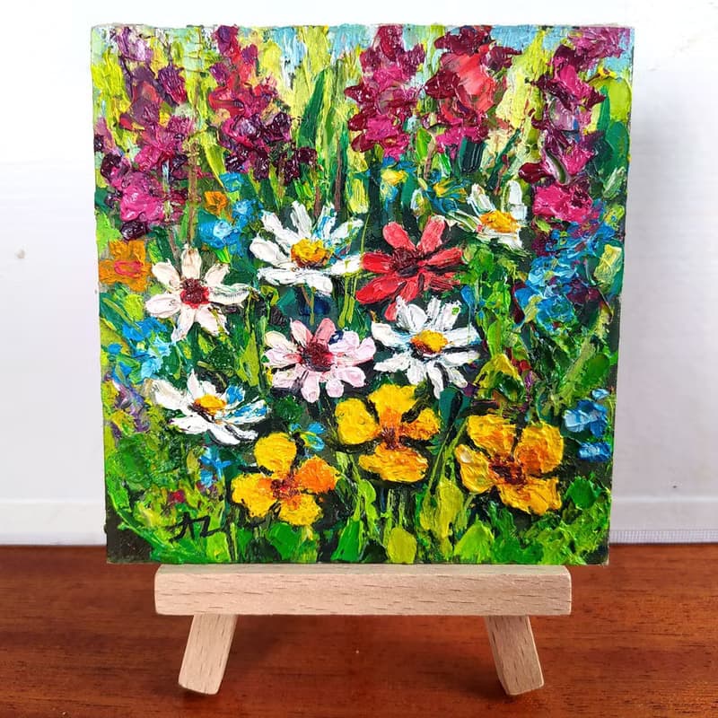 Flowers Painting Bouquet Daisy Dragonfly Oil 10 by 10 Set of 3 Small Art