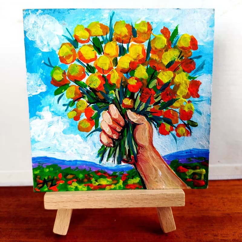 Flowers Painting Bouquet Daisy Dragonfly Oil 10 by 10 Set of 3 Small Art