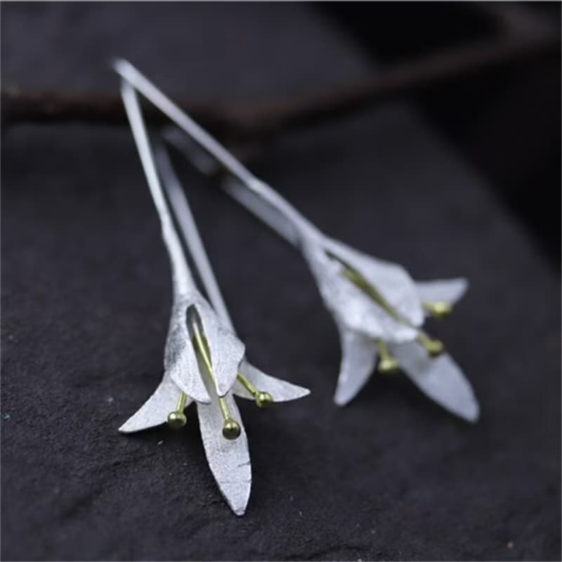 Real 925 Sterling Silver Lily of the Valley Flower Dangle Earrings for Women