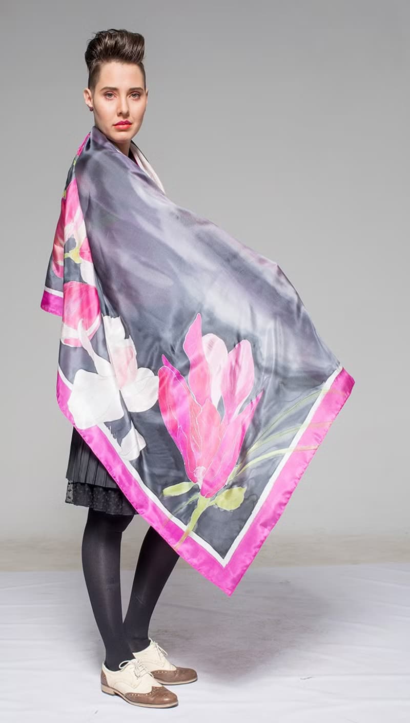 Silk Shawl Wrap- Pink flame Magnolia/ Hand painted luxurious scarf