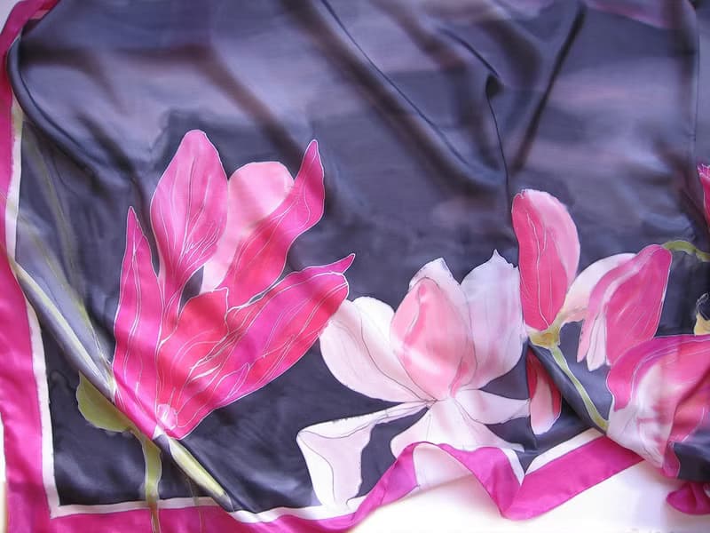Silk Shawl Wrap- Pink flame Magnolia/ Hand painted luxurious scarf