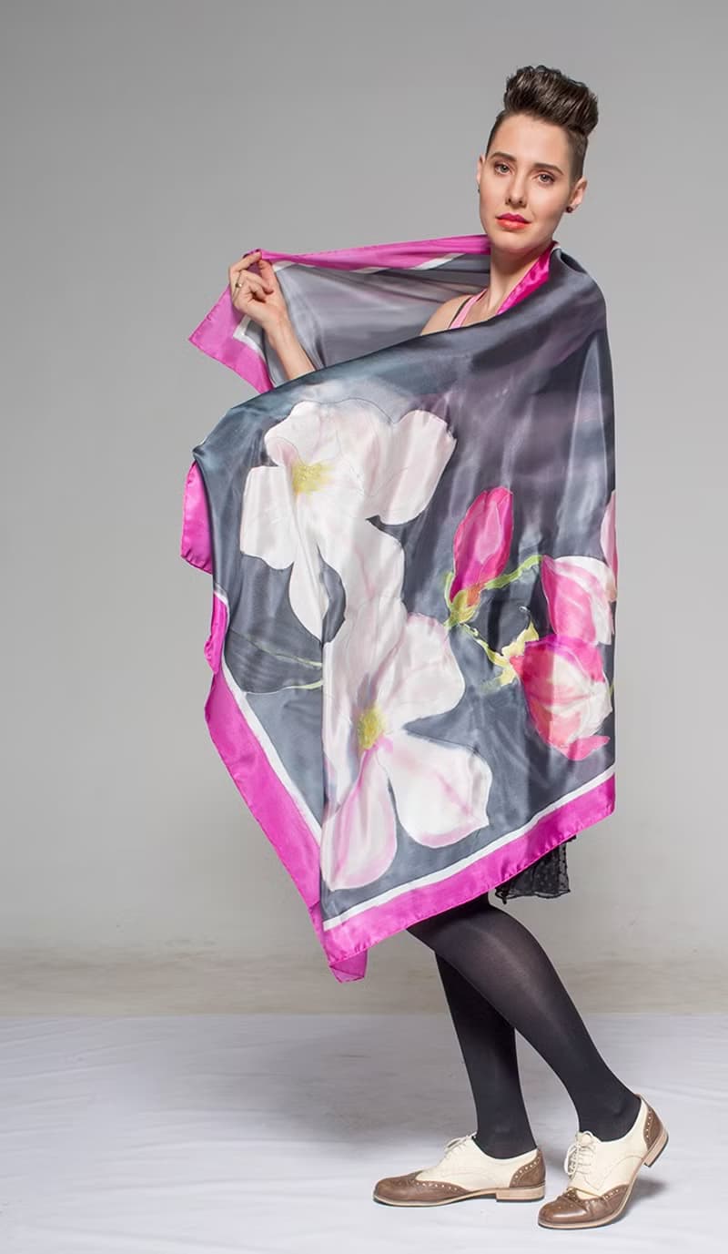 Silk Shawl Wrap- Pink flame Magnolia/ Hand painted luxurious scarf
