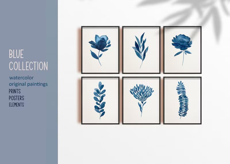 【數位】藍色花卉印花海報數位 JPEG 可列印牆面畫廊牆藝術
