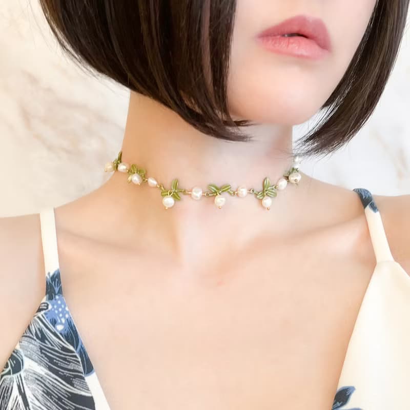 Fiorenzo / グリーンリーフとパールのチョーカーネックレス　SV486