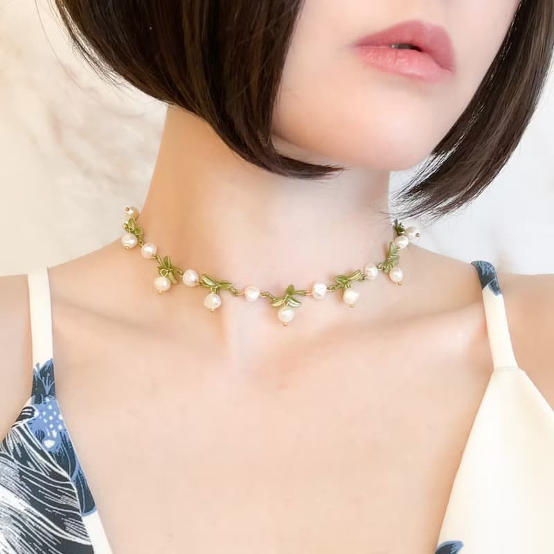 Fiorenzo / グリーンリーフとパールのチョーカーネックレス　SV486