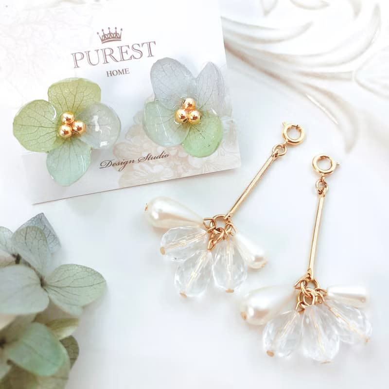 PUREST HOME 翠玉繡球女神の滴珠不凋花(可拆式)垂墜耳環/附禮盒