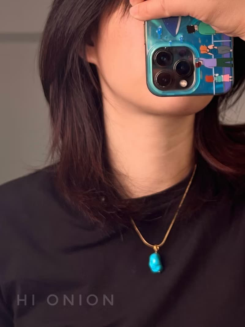 Hi Onion原創小眾設計復古松石綠項鏈進口包金鎖骨鏈個性男女高級