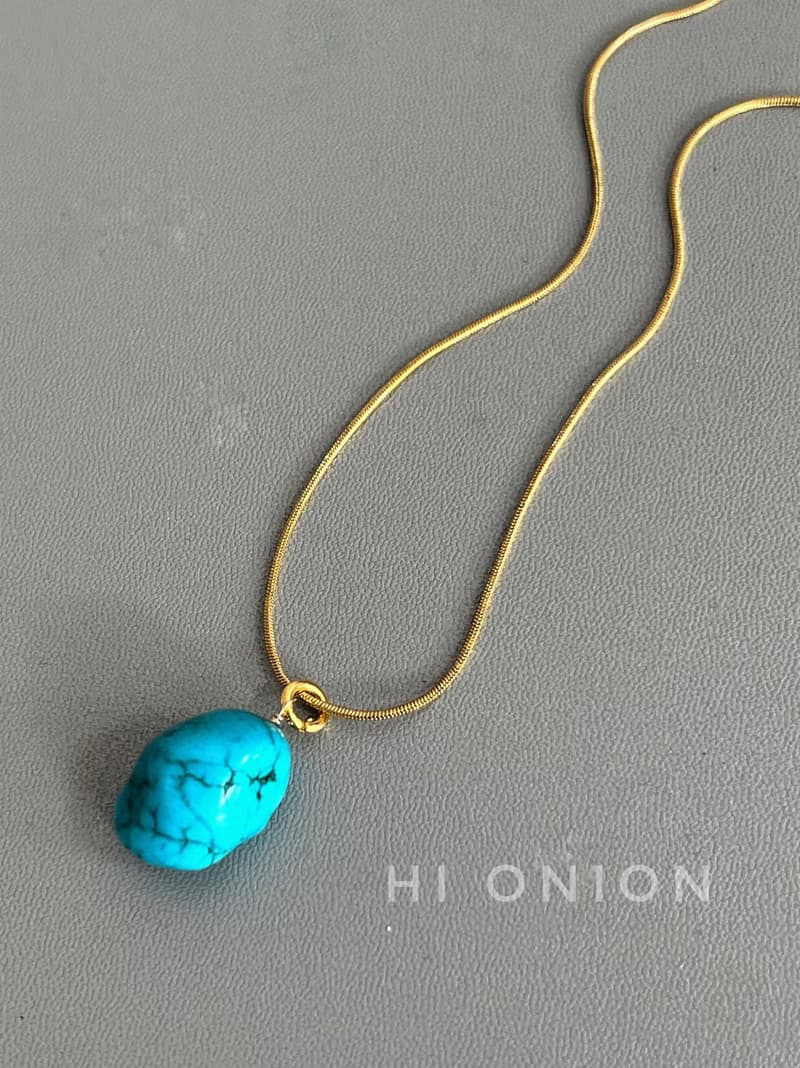 Hi Onion原創小眾設計復古松石綠項鏈進口包金鎖骨鏈個性男女高級