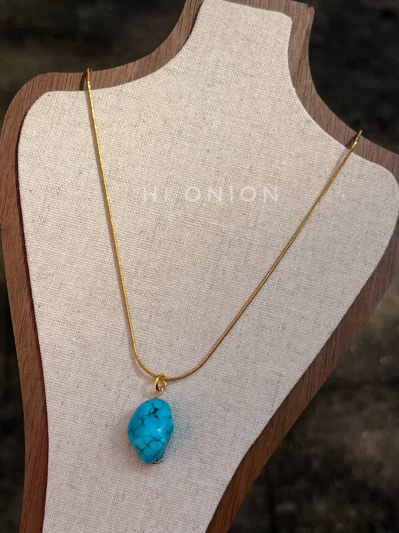 Hi Onion原創小眾設計復古松石綠項鏈進口包金鎖骨鏈個性男女高級