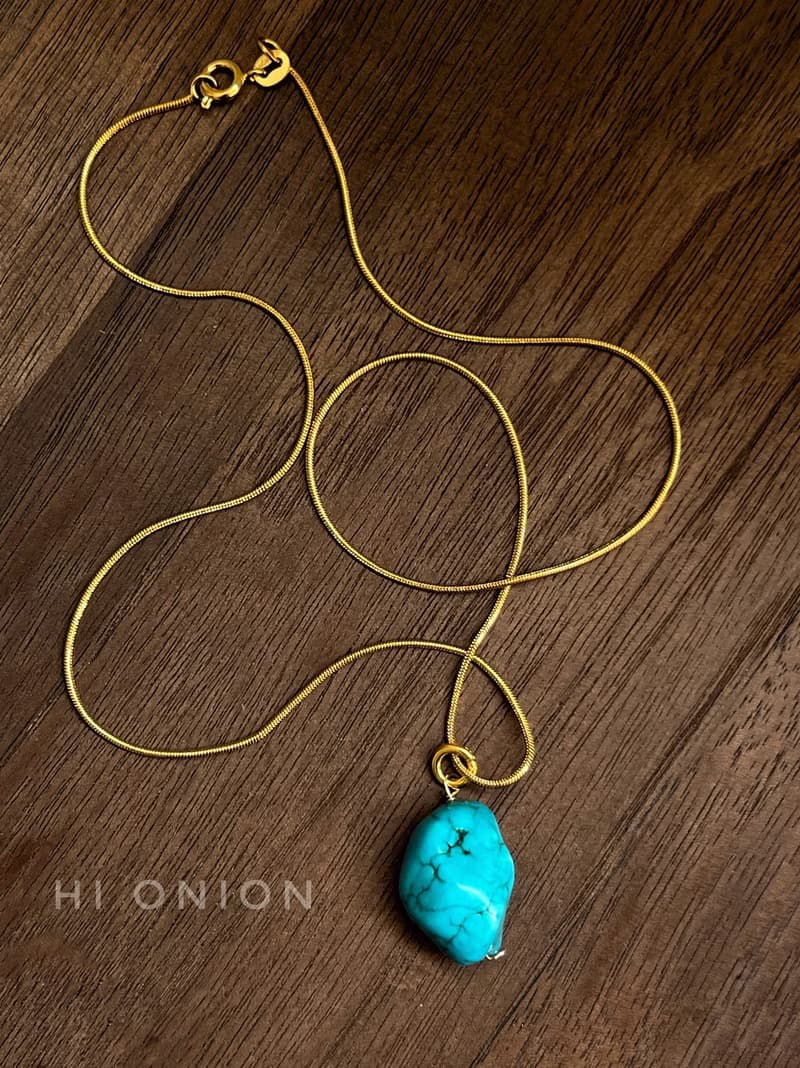 Hi Onion原創小眾設計復古松石綠項鏈進口包金鎖骨鏈個性男女高級
