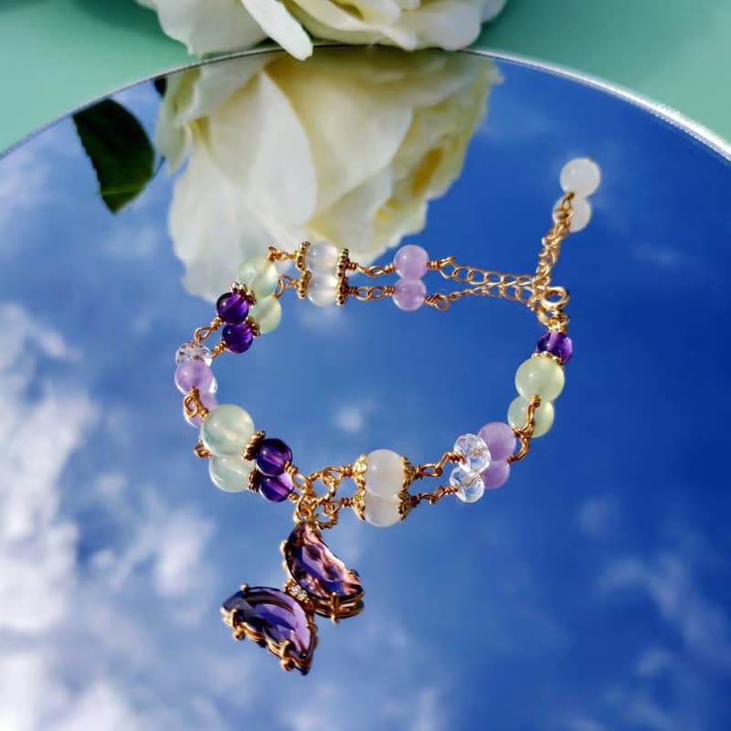 造夢指南。葡萄石 月光石 紫水晶 14K包金 水晶礦石設計手鍊
