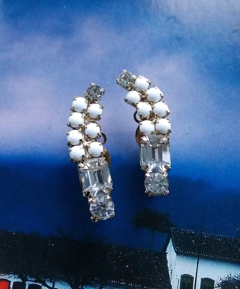 Vintage Jewelry 西洋古董飾品 對稱 白珠白鑽 優雅 夾式耳環