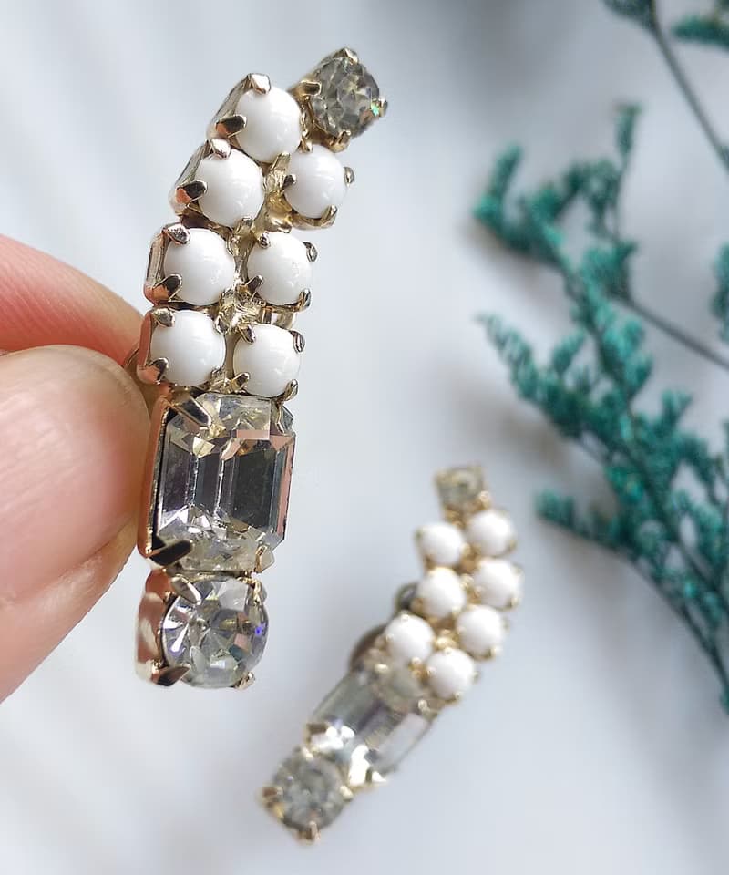 Vintage Jewelry 西洋古董飾品 對稱 白珠白鑽 優雅 夾式耳環