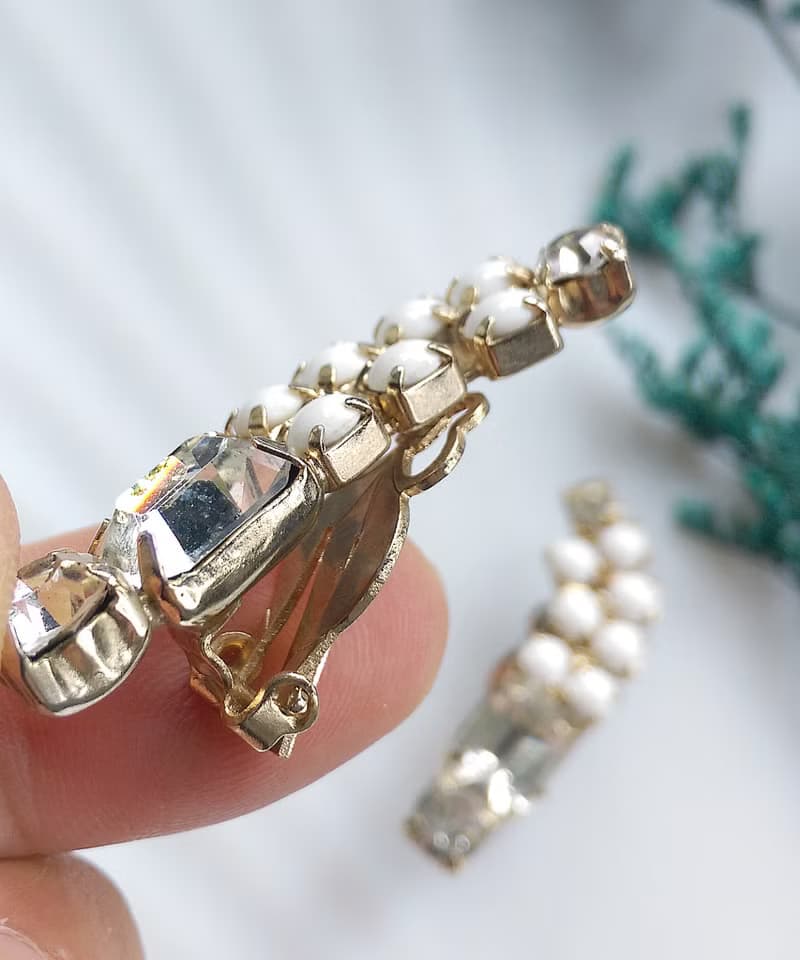 Vintage Jewelry 西洋古董飾品 對稱 白珠白鑽 優雅 夾式耳環