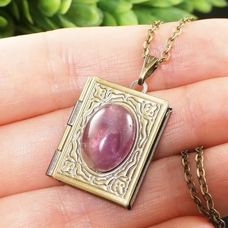Amethyst Book Photo Locket Purple Violet Lilac Keepsake Pendant Necklace Jewelry