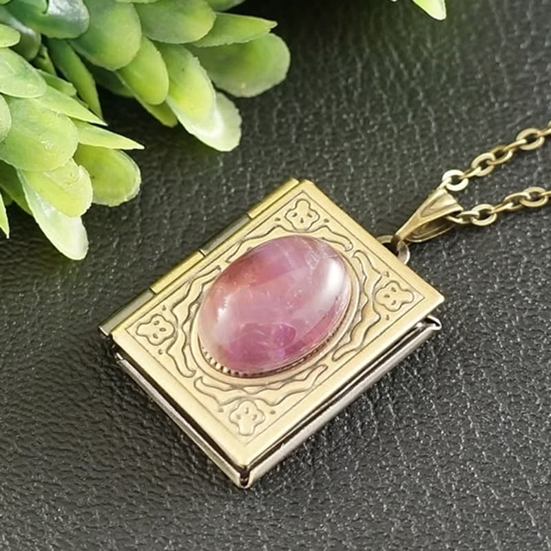 Amethyst Book Photo Locket Purple Violet Lilac Keepsake Pendant Necklace Jewelry