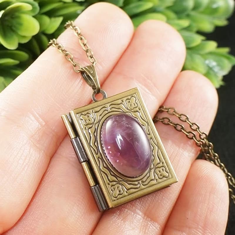 Amethyst Book Photo Locket Purple Violet Lilac Keepsake Pendant Necklace Jewelry