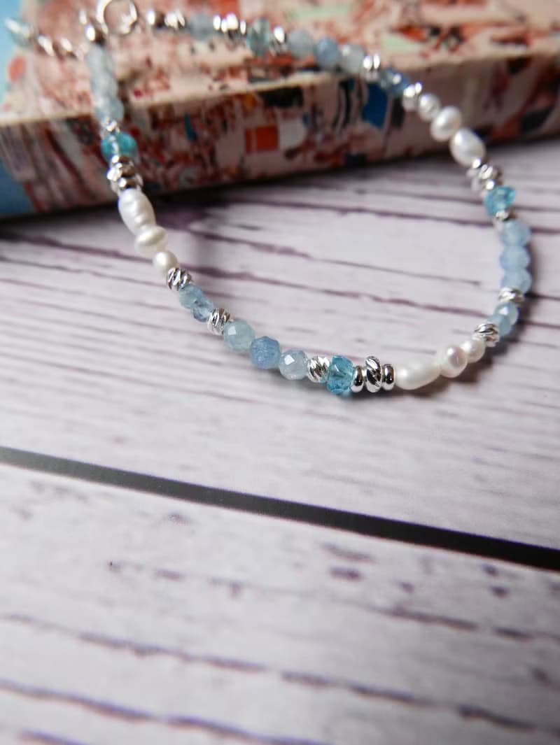 量身訂製/銅鍍銀/天然石手鍊/海藍寶/藍磷灰