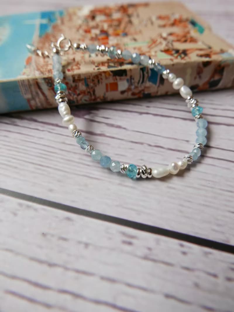 量身訂製/銅鍍銀/天然石手鍊/海藍寶/藍磷灰