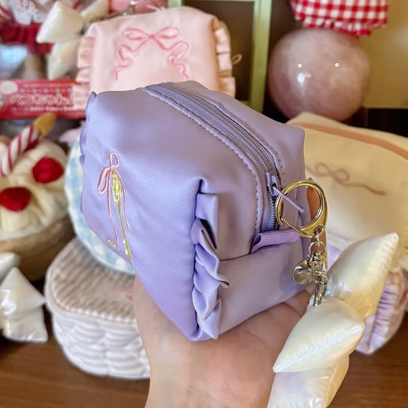 Sweetstore Supply原創全紫綢緞蝴蝶結刺繡化妝包便攜收納包
