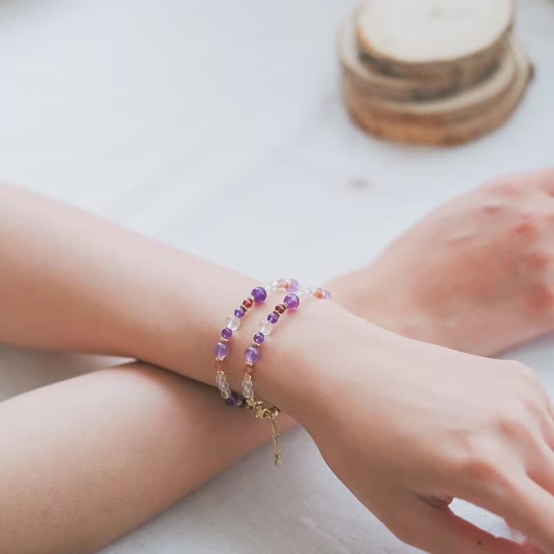 薰衣草紫水晶-草莓晶-白水晶│黃銅 雙圈 扣環式 手鍊